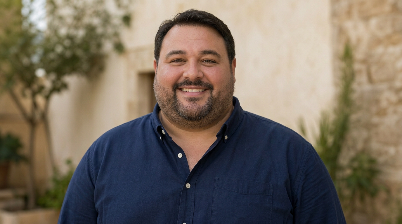 Smiling man outdoors in a sunlit courtyard
