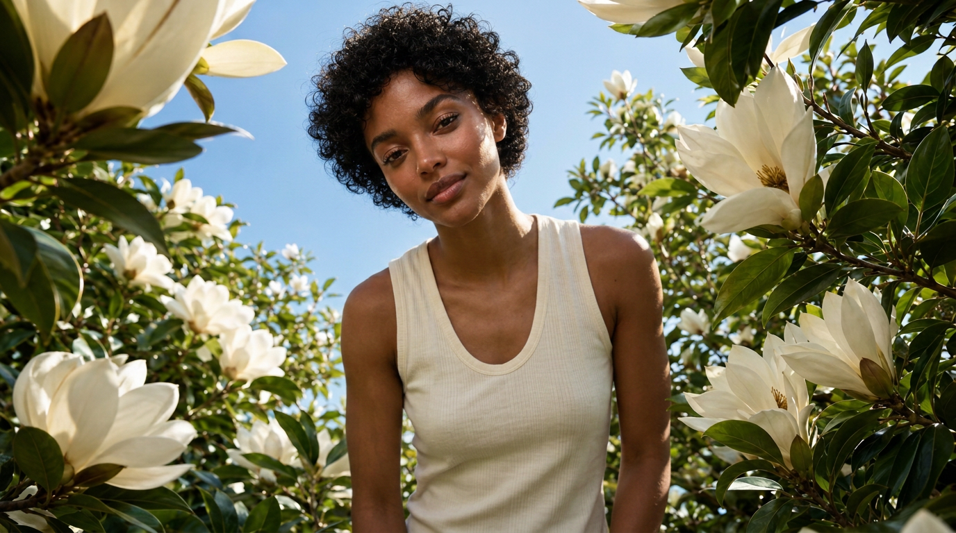 Woman standing among magnolia blossoms in bright daylight
